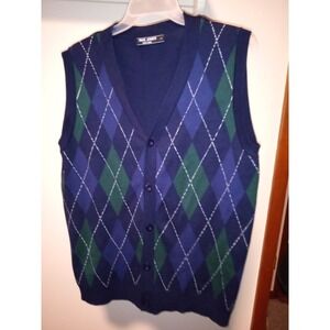 Paul Jones Mens Argyle Cardigan Sweater Vest Navy Blue‎ Green Knit Button Up L